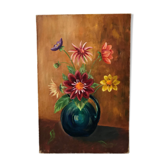 Old oil on canvas painting bouquet of vintage flowers