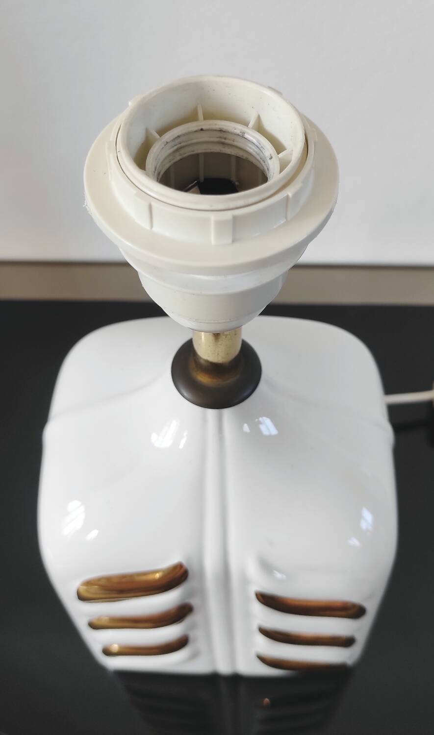 Vintage lamp base, white and gold ceramic, 70s.