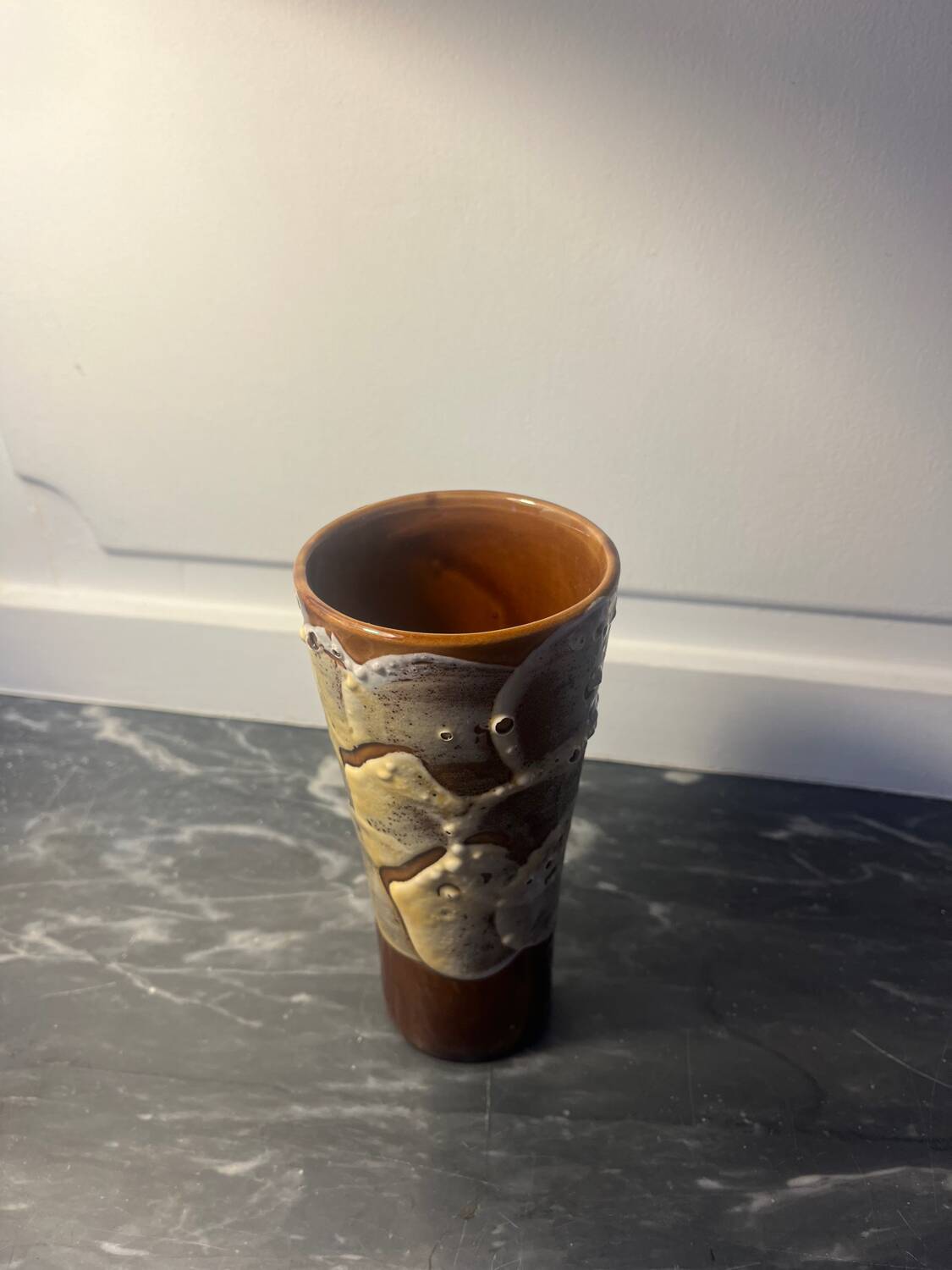 Small ceramic vase with textured details, brown tones, 1970s