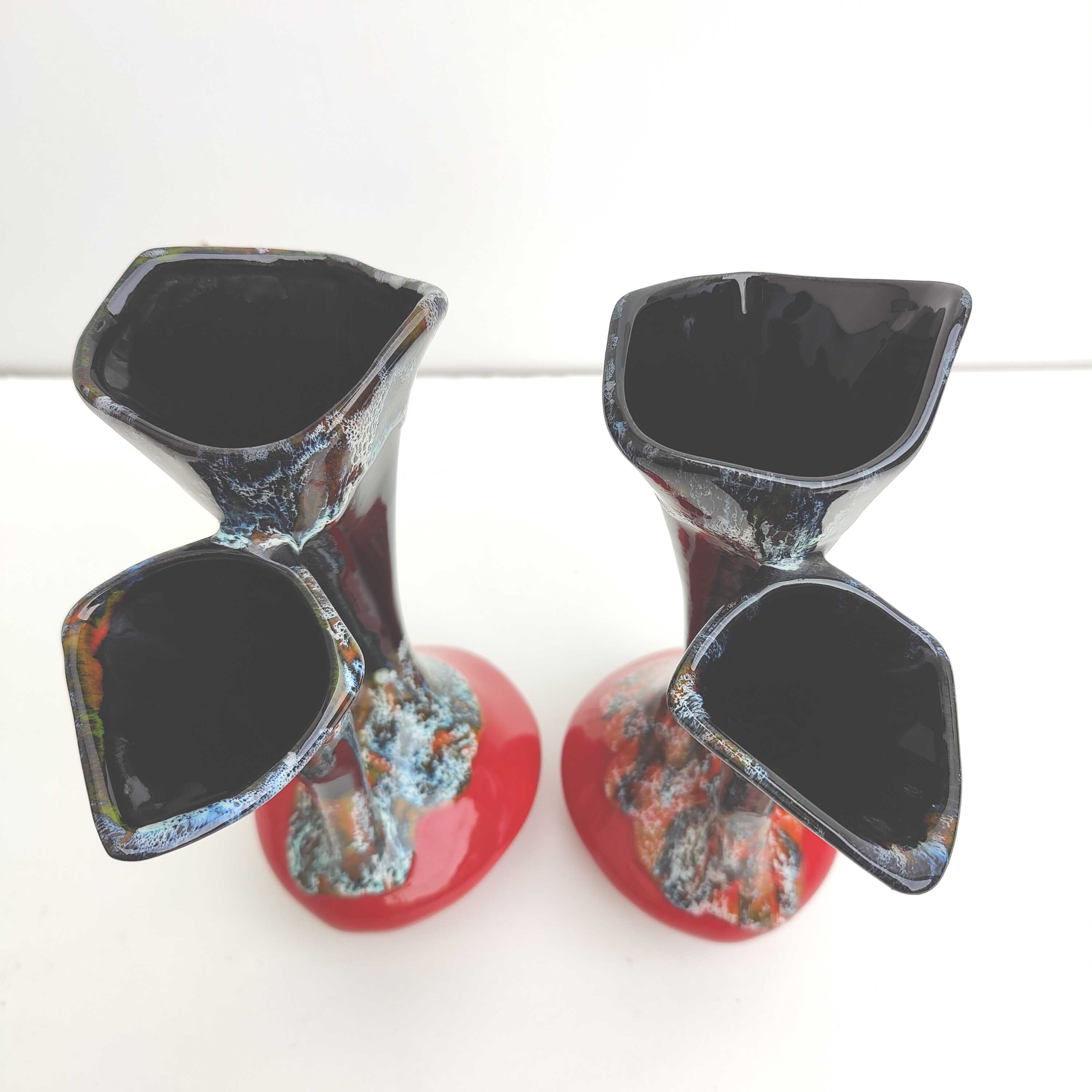 Pair of vintage ceramic vases with double red and black collar