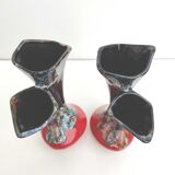 Pair of vintage ceramic vases with double red and black collar