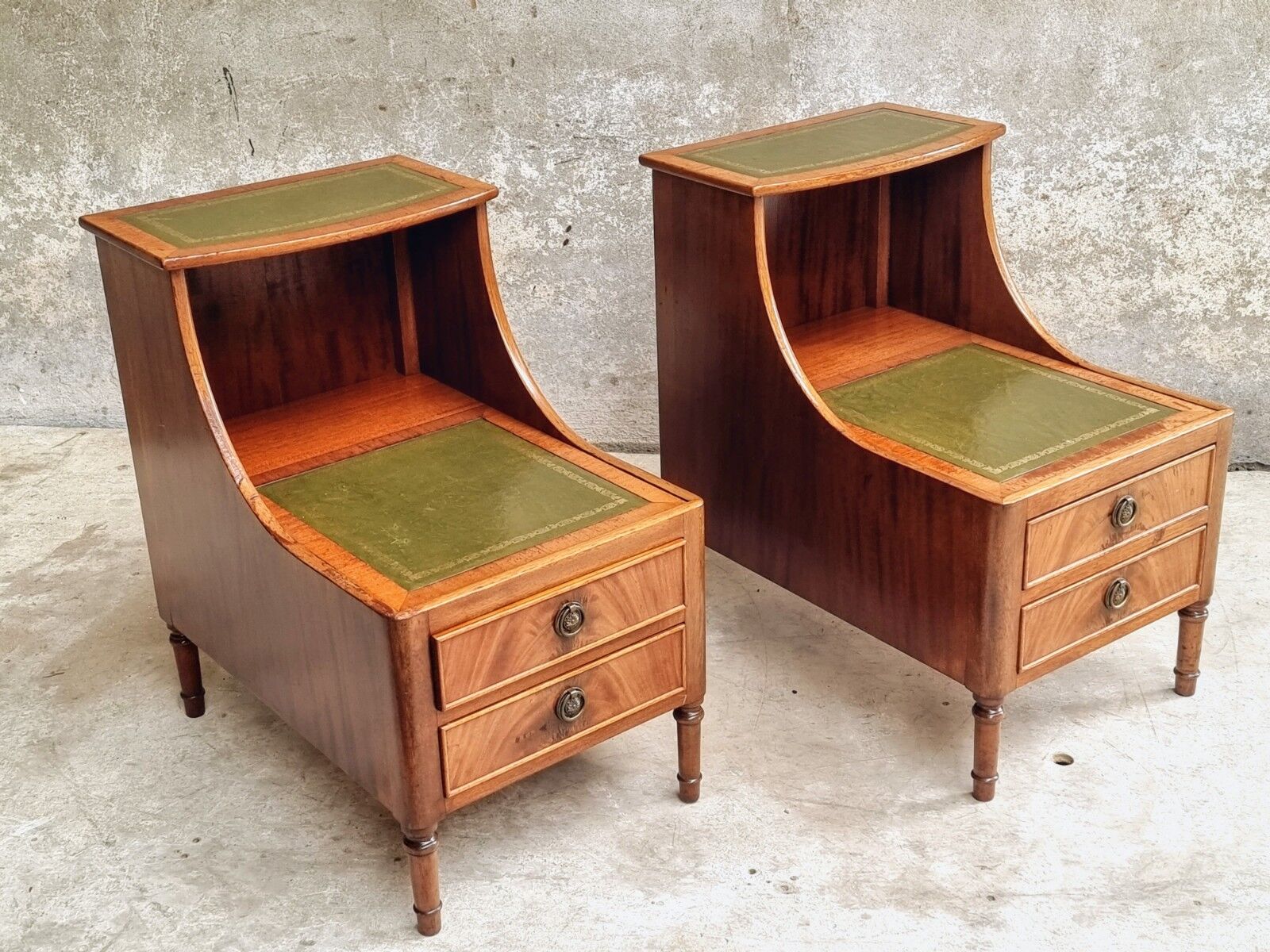 Set of mid century bedside tables with inlaid leather