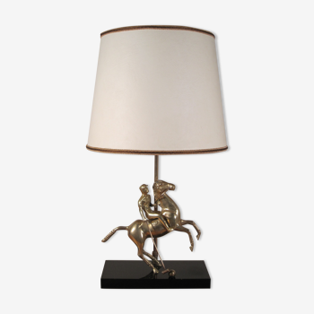 Lampe de salon bureau vintage années 1970 en laiton , joueur de polo et son cheval