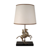Vintage 1970s brass desk living room lamp, Polo player and his horse