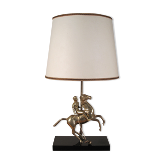 Vintage 1970s brass desk living room lamp, Polo player and his horse