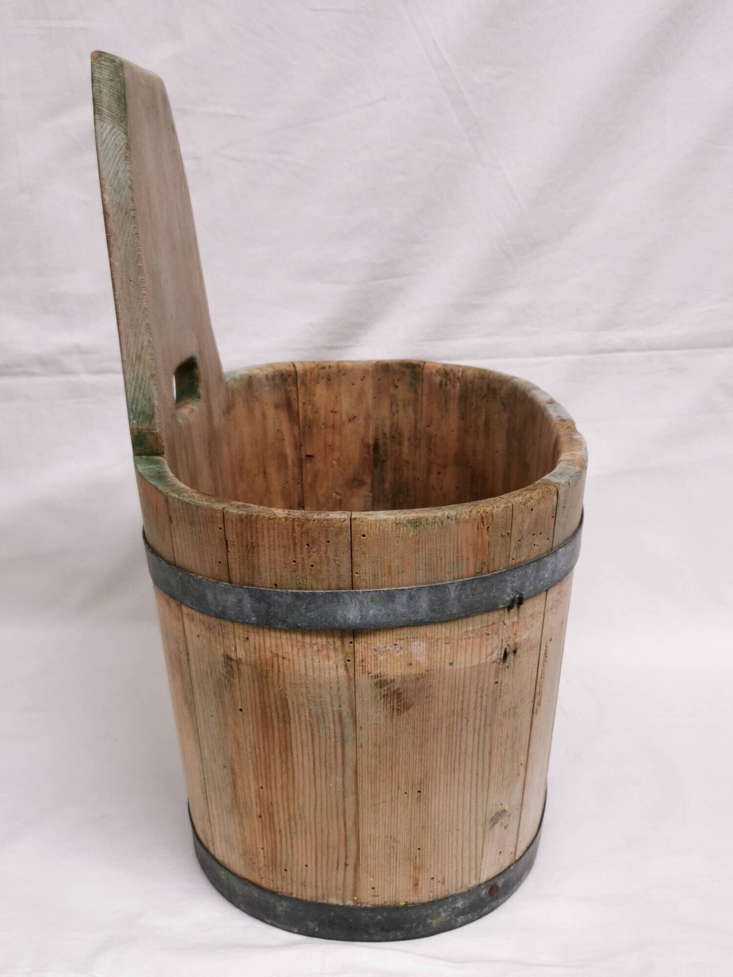 Tub / seille in laid, old swiss wooden cache pot planter, savoie