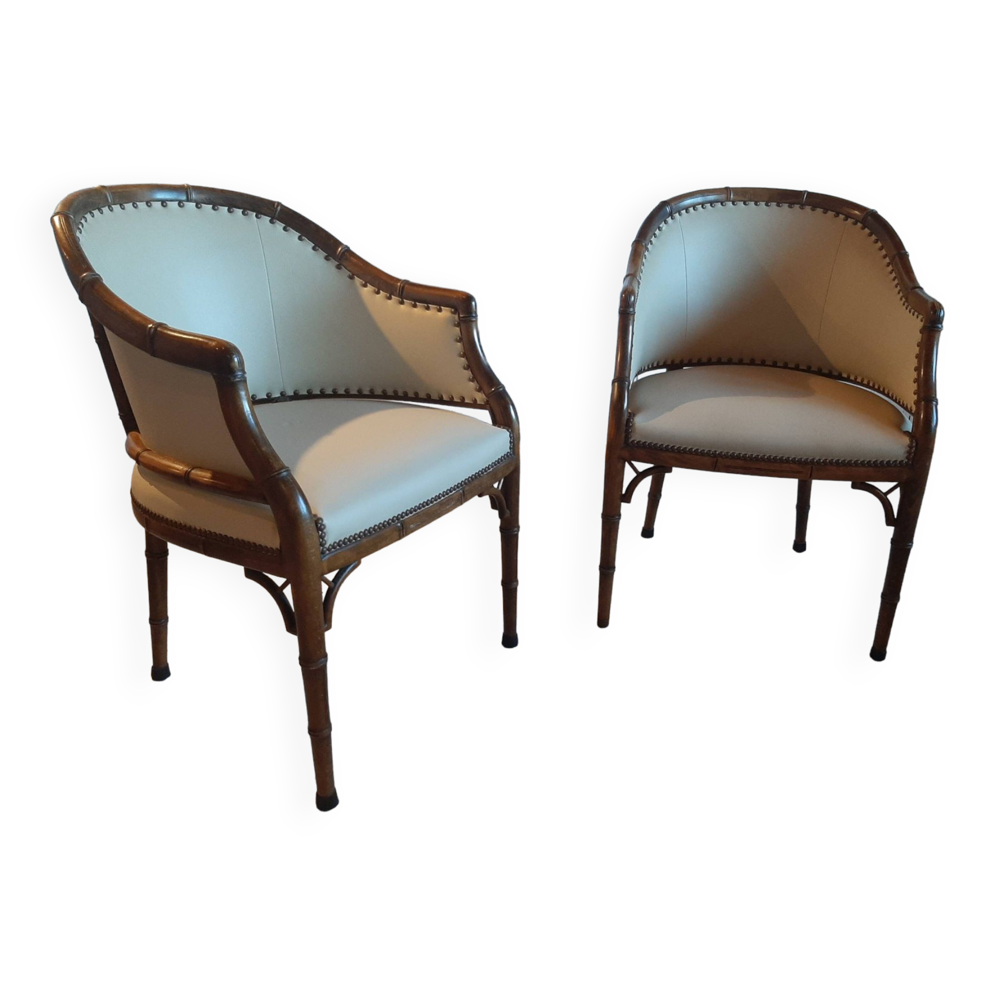 Set of 2 bergere style armchairs - bamboo and white imitation leather - vintage