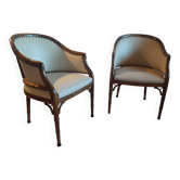 Lot de 2 fauteuils style bergere -bambou et simili cuir blanc - vintage