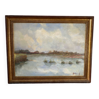 Paysage d’etang signé de 1982