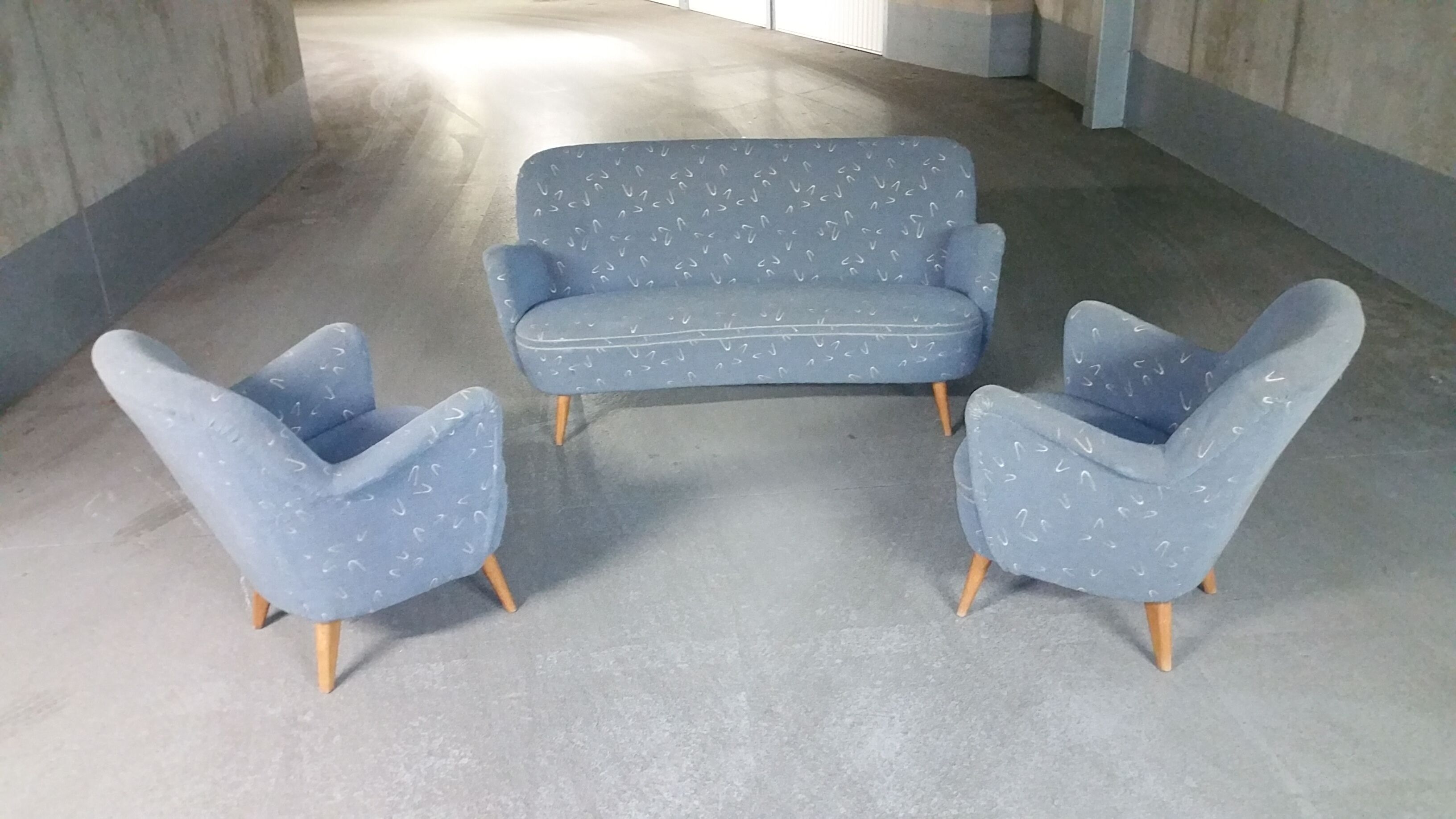 Set sofa and 2 armchairs vintage 50/60s organic fabrics vintage original