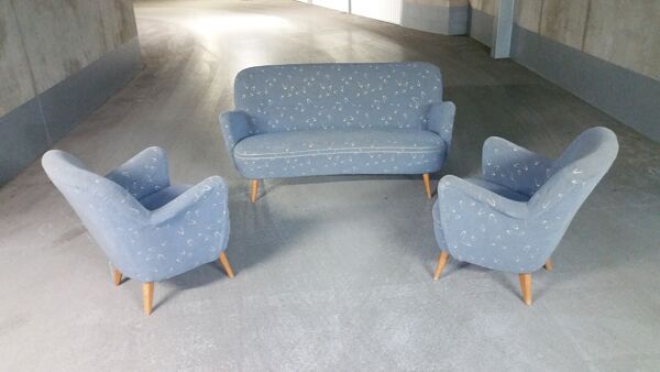 Set canapé et 2 fauteuils vintage années 50/60 organique vintage tissus original