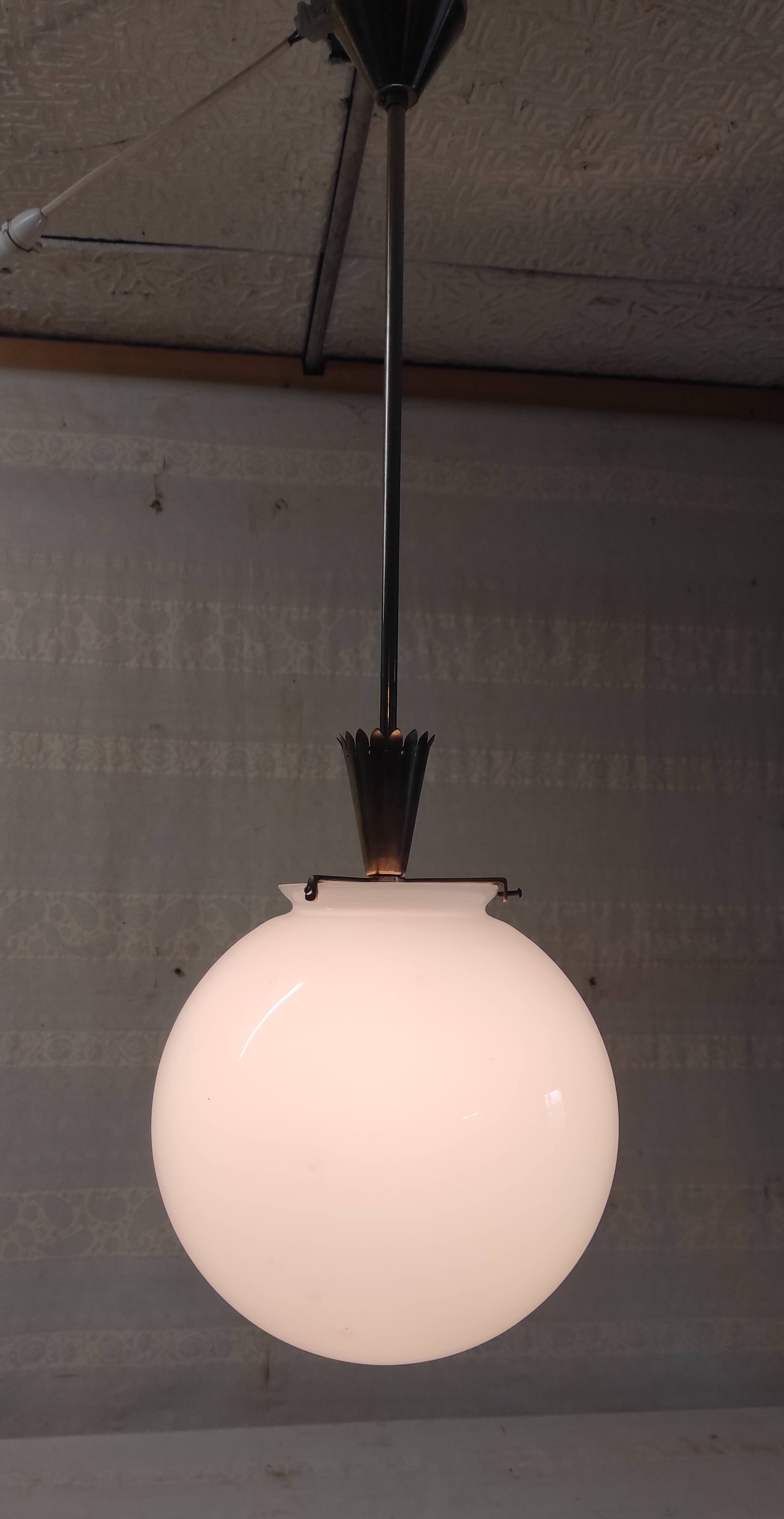 25 cm opaline globe and brass pendant light - 1940s/1950s