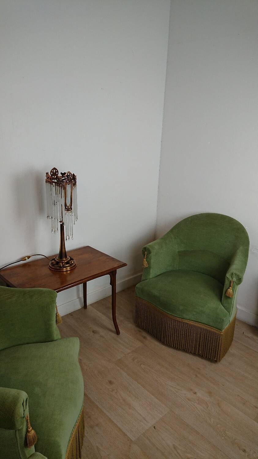 3 fauteuils crapaud en tissu vert