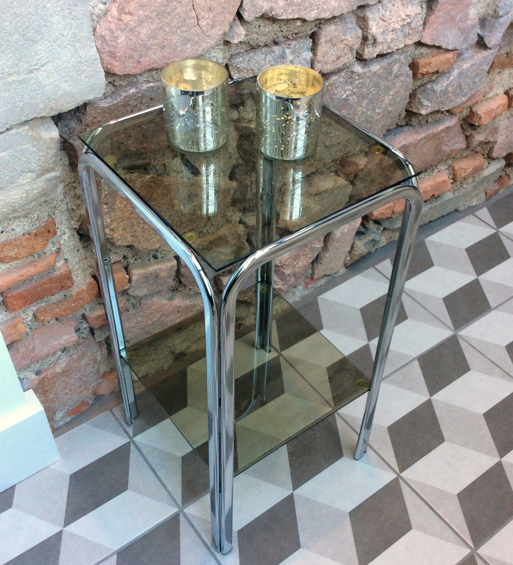 Chrome and smoked glass side table harness