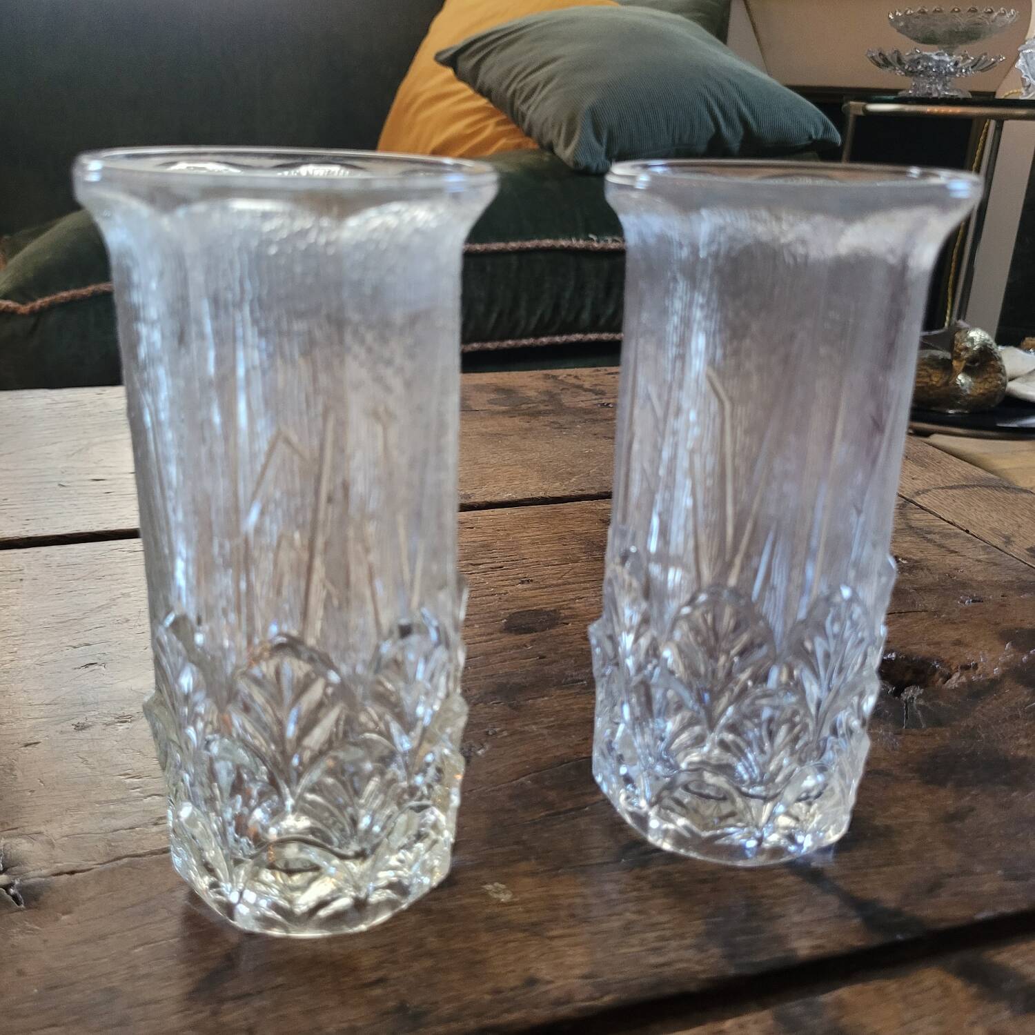 Pair of thick pressed glass art deco vases