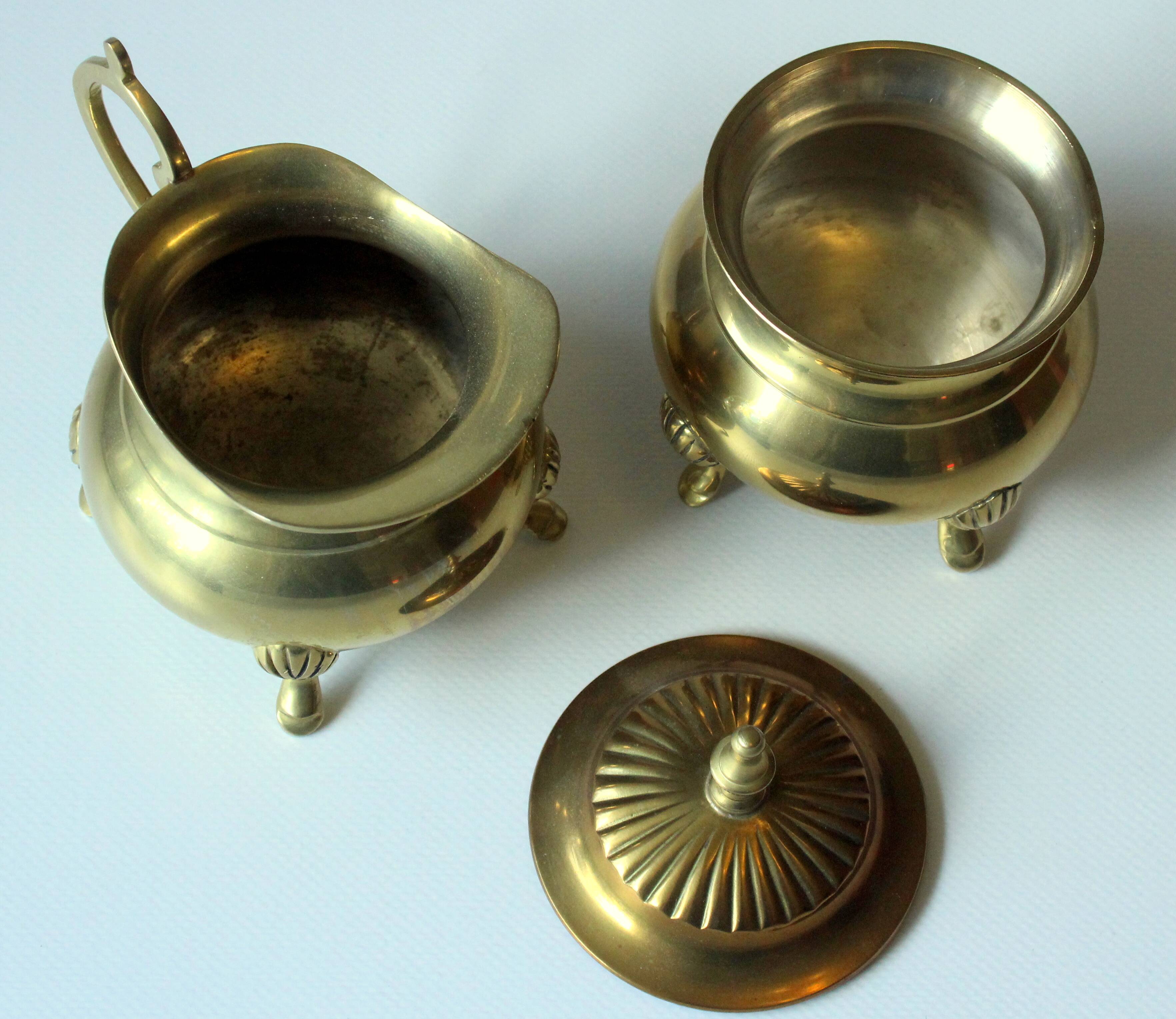 Metal teapot gold plated, inside silver plated, with milk pot and sugar bowl as a set, vintage
