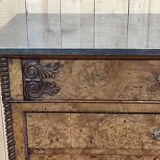 Commode secrétaire du XIXème en loupe d'orme, sapin et dessus marbre noir