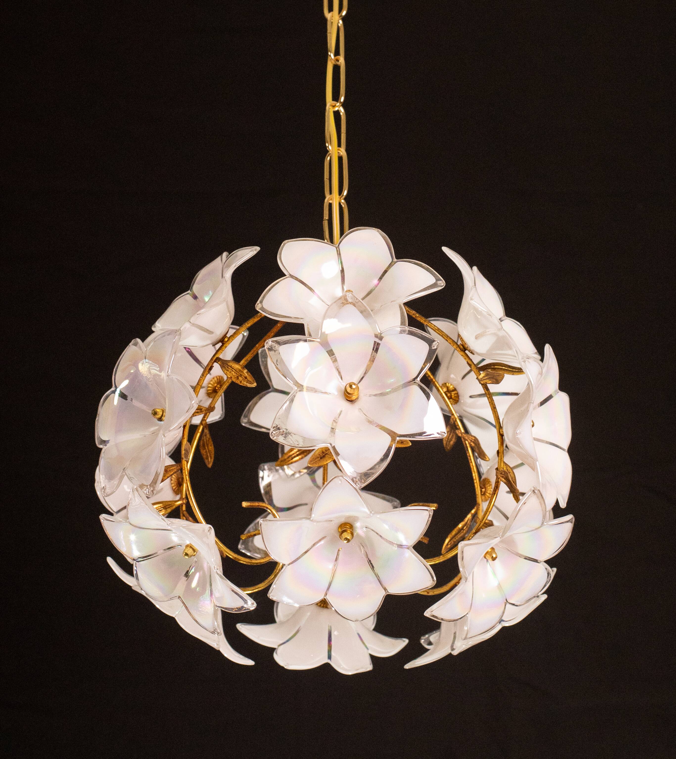 Set of 2 Murano Spherical Chandelier Full of White Flowers, 1980s
