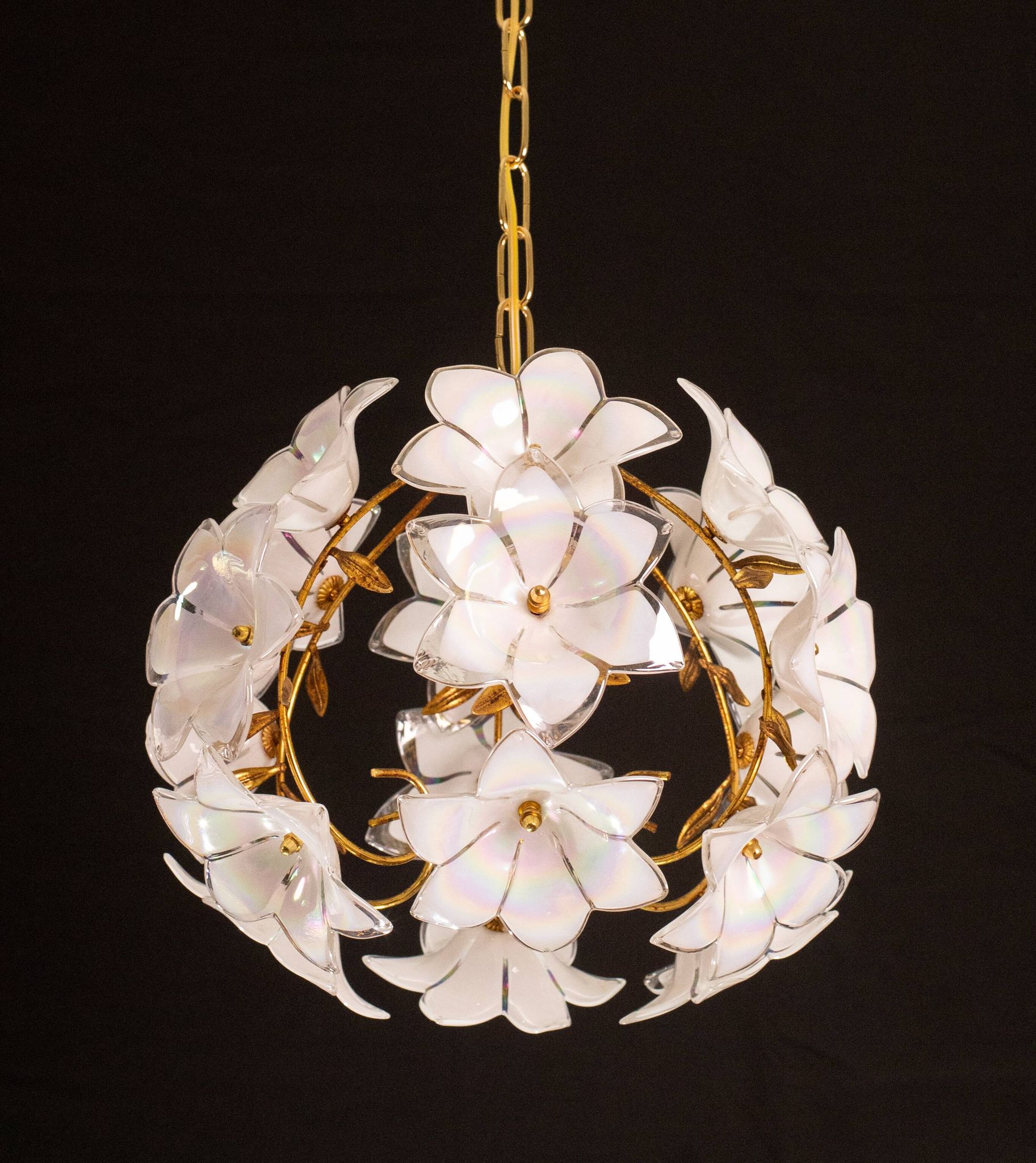 Set of 2 Murano Spherical Chandelier Full of White Flowers, 1980s