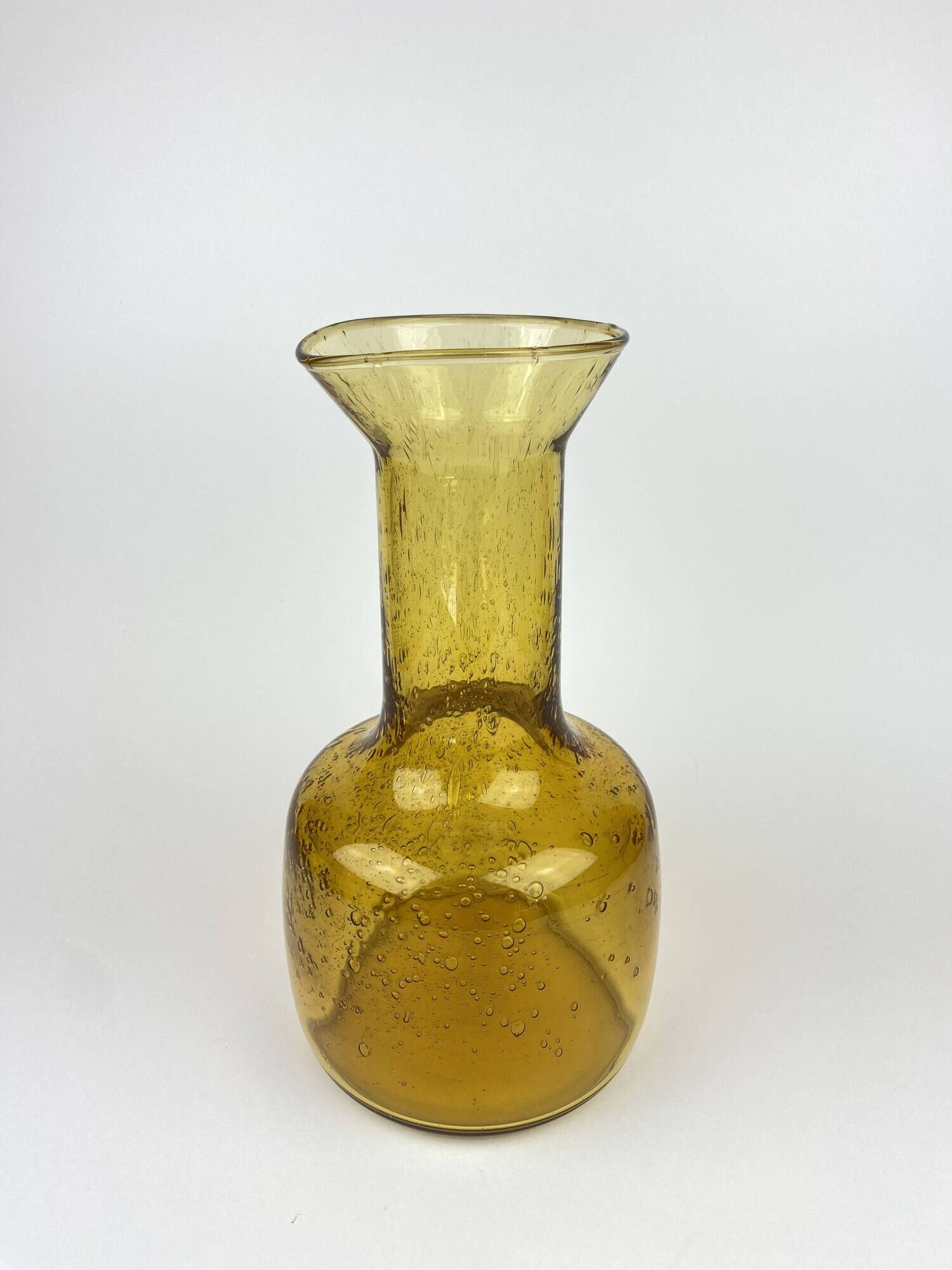 Ancien Vase Carafe Verre Soufflé Bullé Ambré Jaune