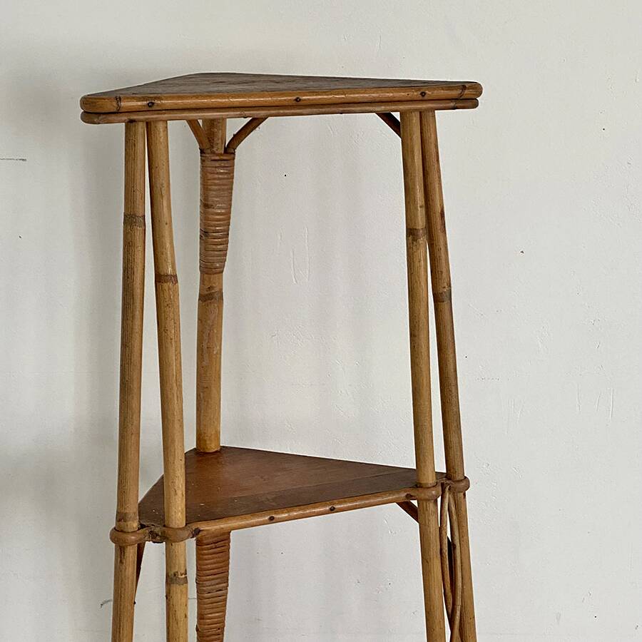 Small vintage rattan corner shelf 60's