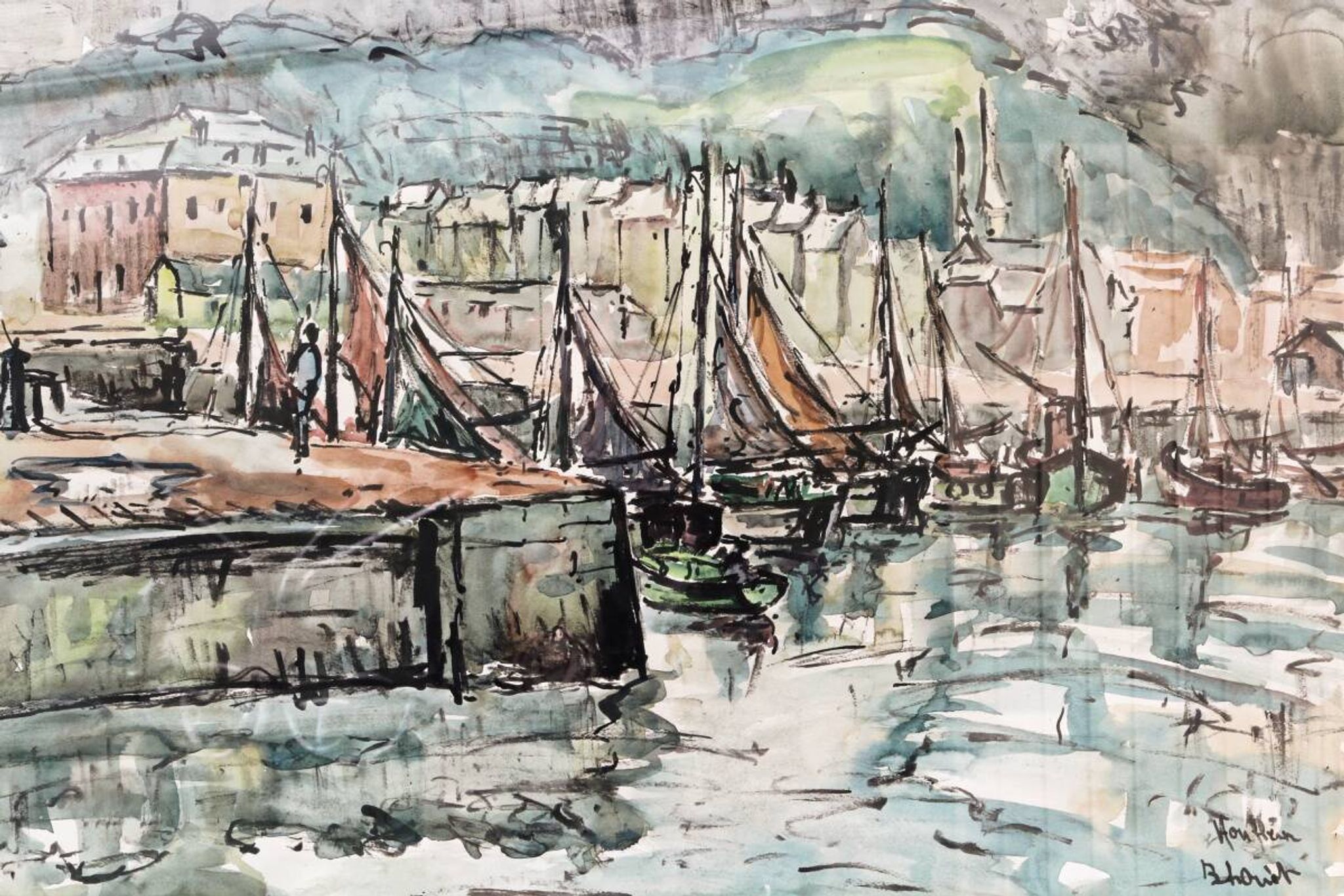 Watercolour, port of Honfleur, by Bernard Loriot (1925-1998)