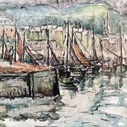 Watercolour, port of Honfleur, by Bernard Loriot (1925-1998)
