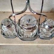 Set of 2 small salt pots and mustard pot in molded glass on their metal servant