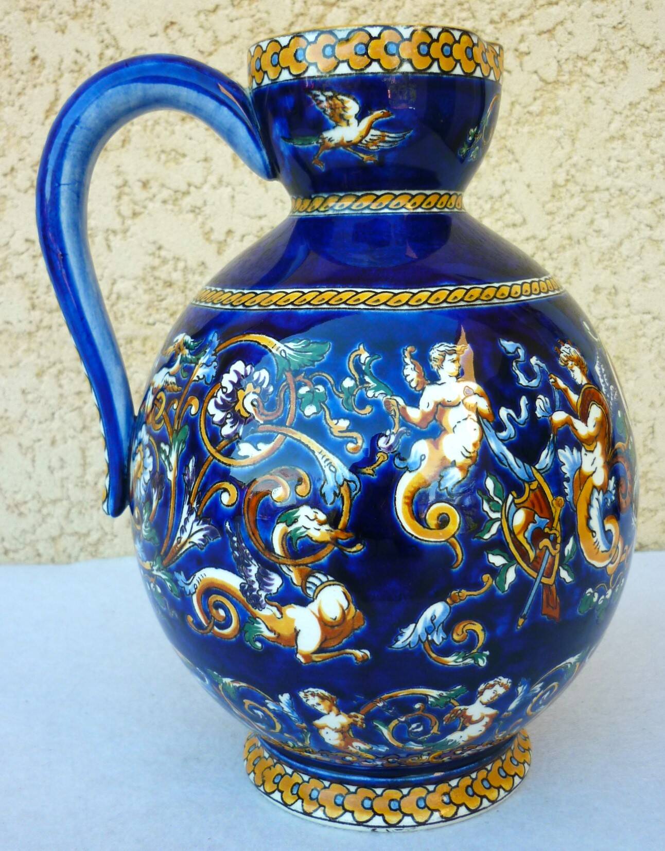 Large pitcher vase, Gien earthenware, Renaissance model, 1940s/50s.