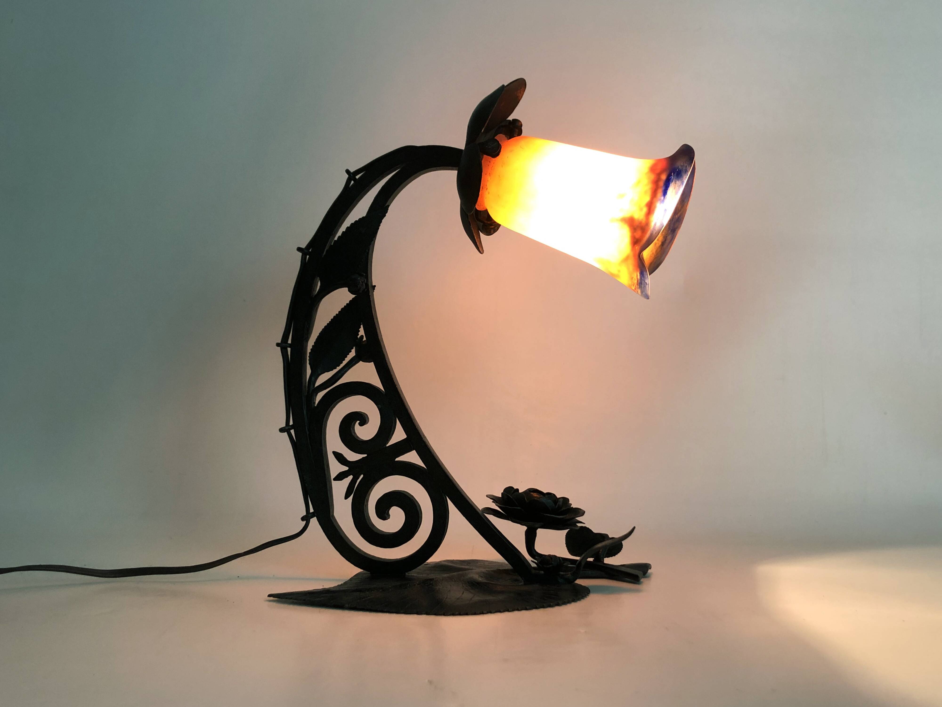 Art Deco Noverdy tulip lamp with black wrought iron base. 1930s