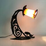 Art Deco Noverdy tulip lamp with black wrought iron base. 1930s
