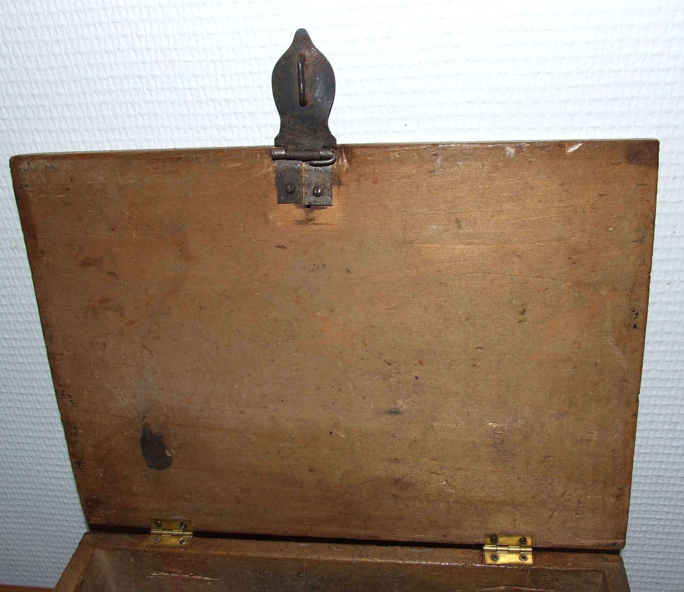 Old box with inscription, fittings, lock and key