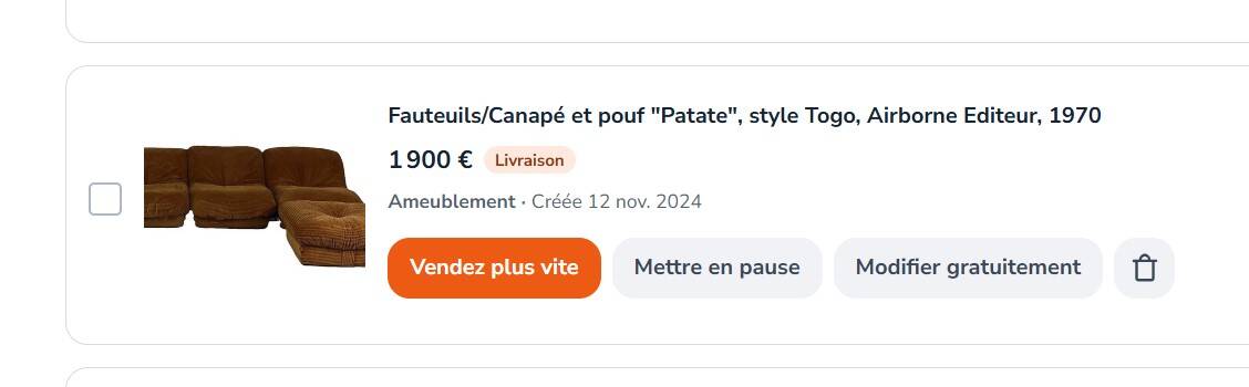 "Patate" armchairs and pouf, Airborne Publisher, 1970