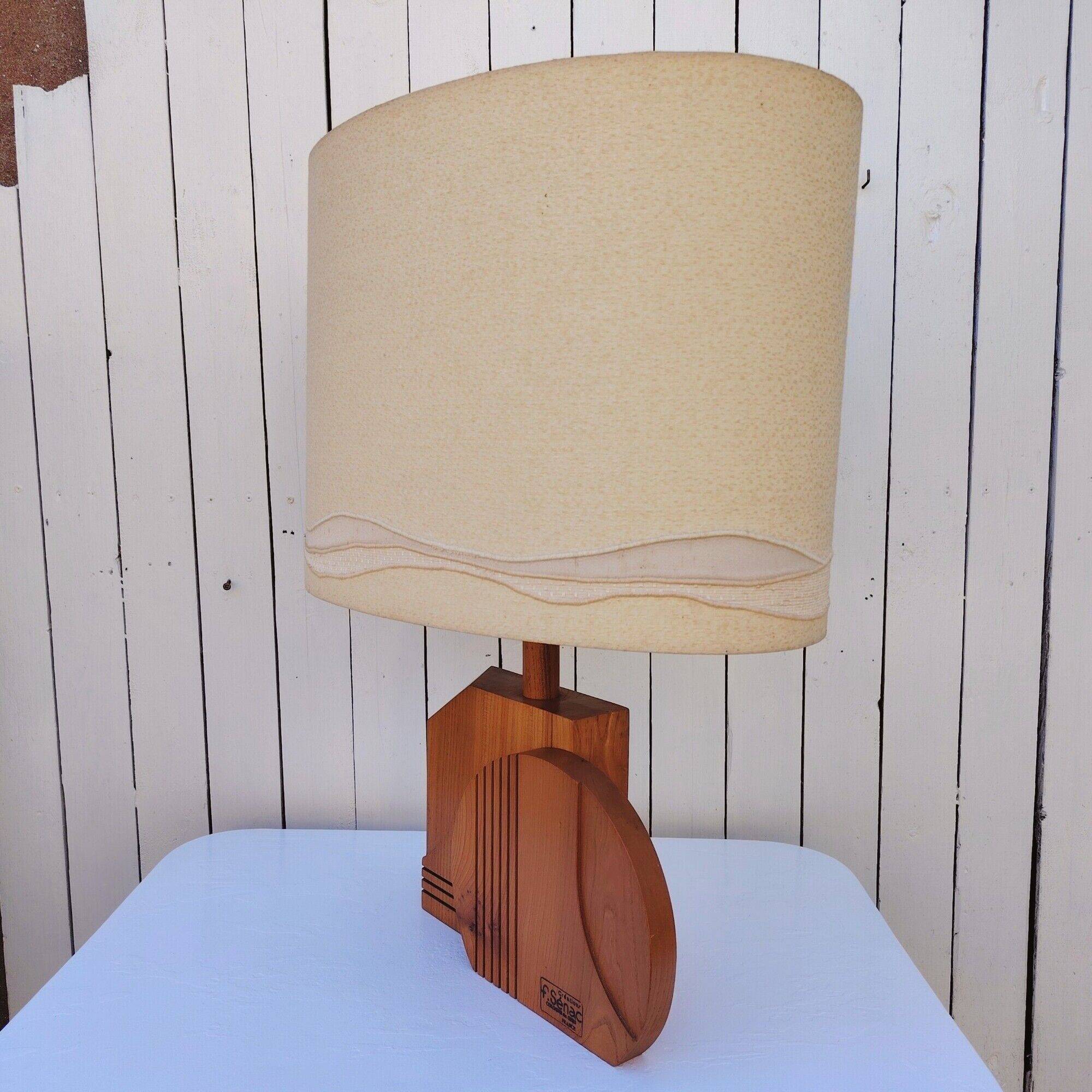 Large wooden lamp, geometric, 1970s design, F. Sénac