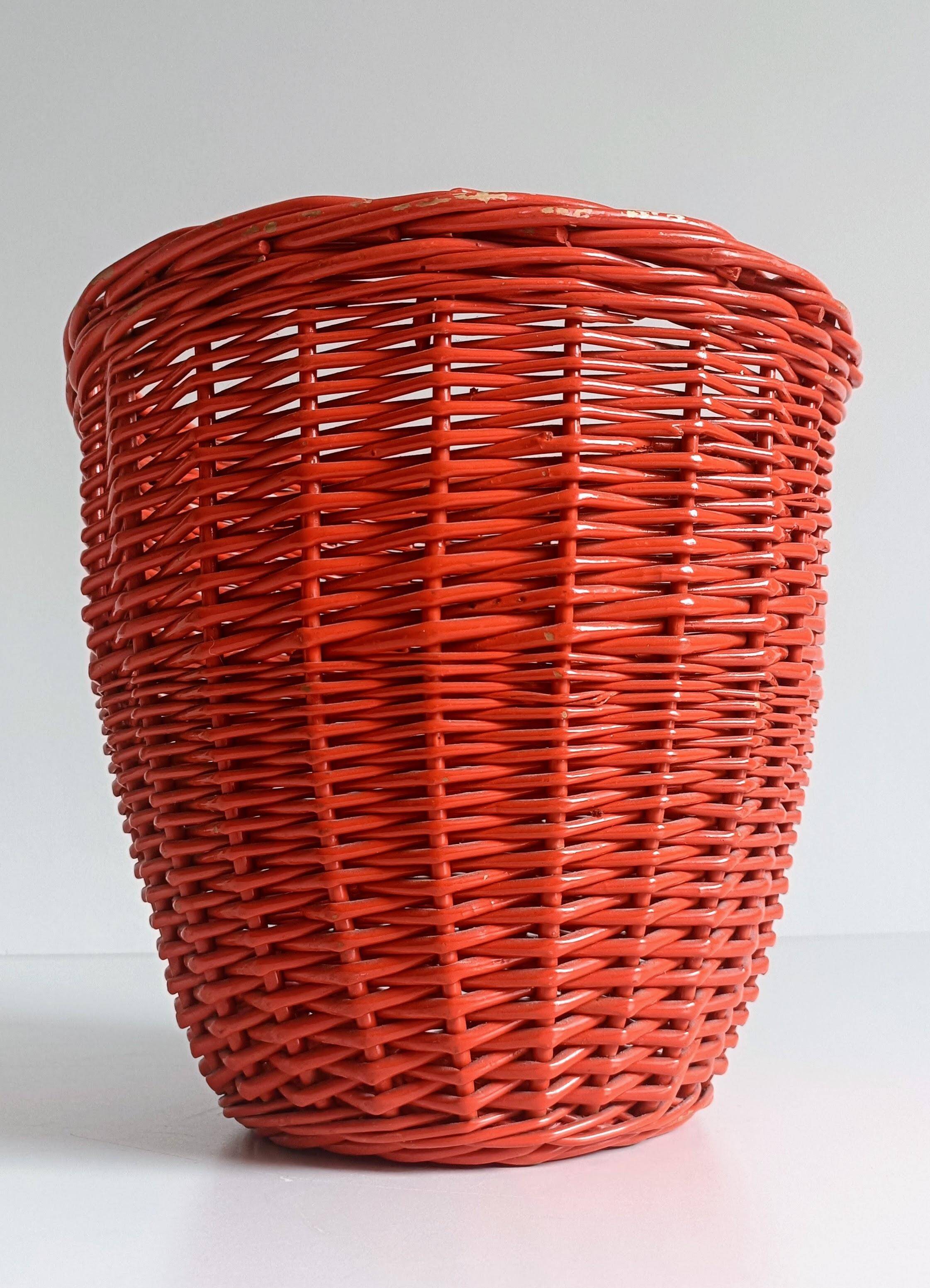 Bohemian Mid-Century Coral Red Wicker Basket, France, circa 1960s