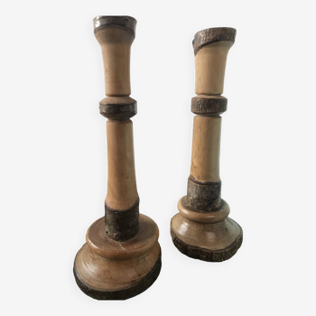 Pair of old candlesticks or candlesticks in raw bark wood, Jura craftsmanship