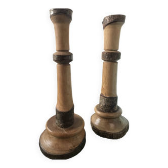 Pair of old candlesticks or candlesticks in raw bark wood, Jura craftsmanship