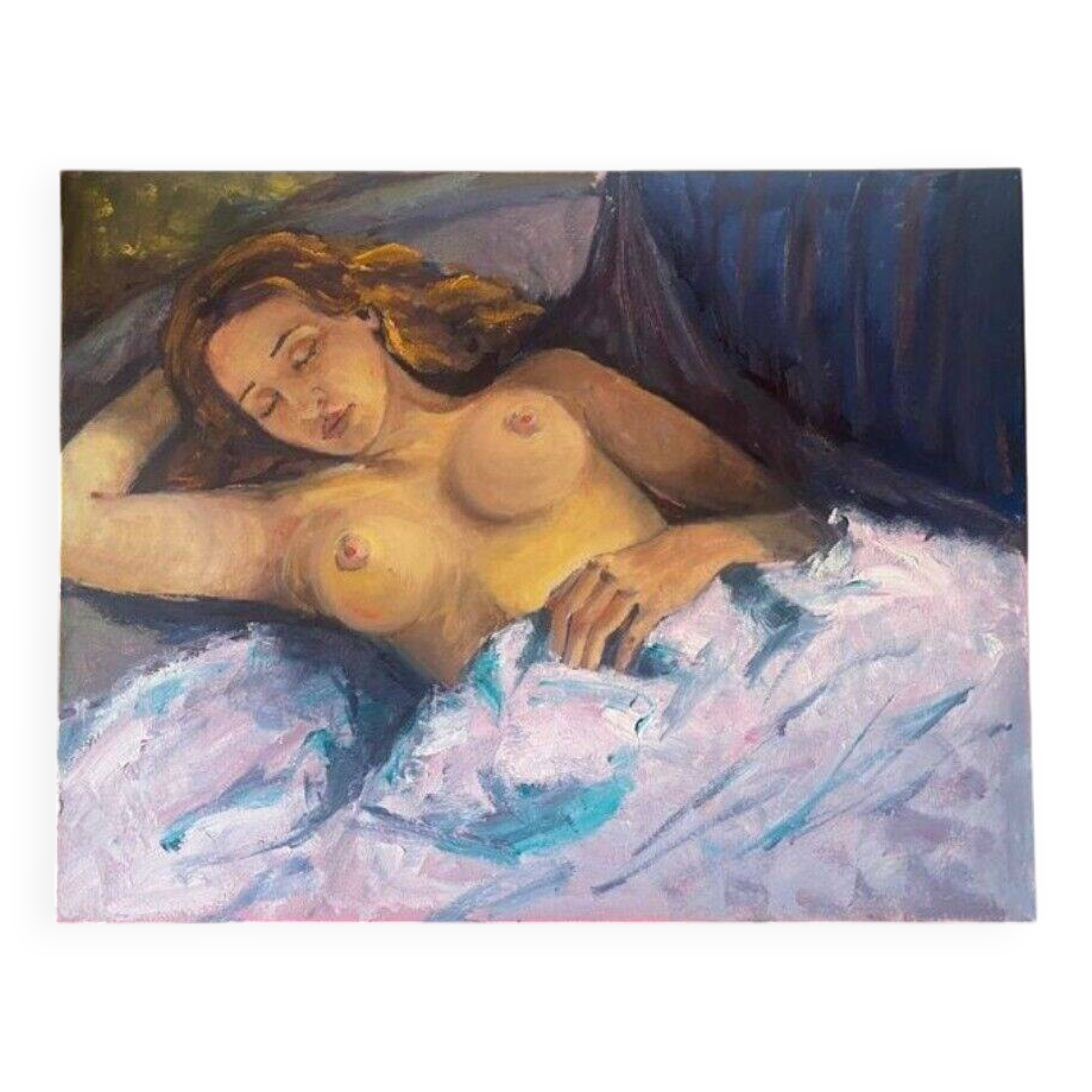 20th Century Oil Portrait Painting of a Semi-Nude Woman