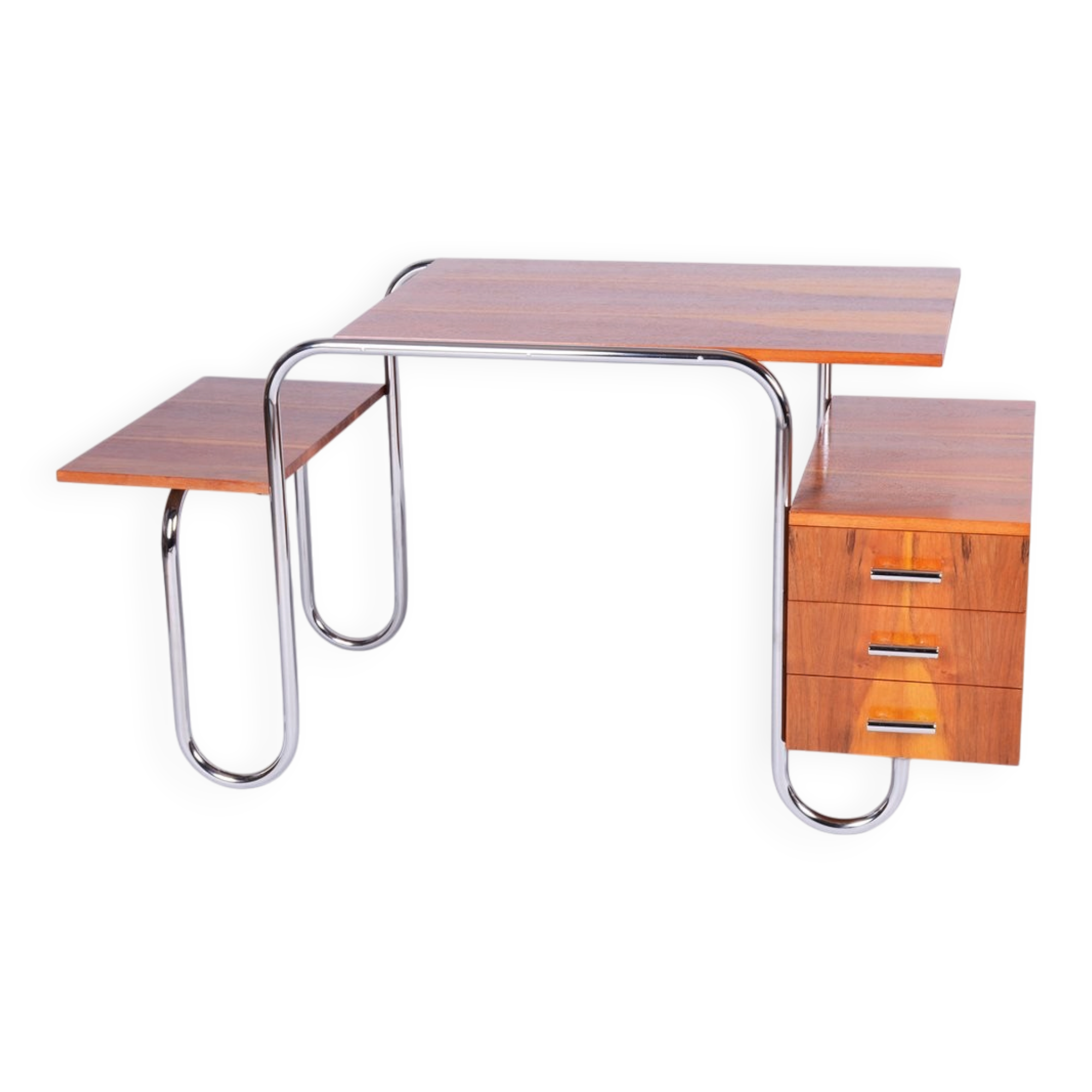 Czech Bauhaus Writing Desk in Walnut and Chrome attributed to Robert Slezak for Slezak Factories, 1940s