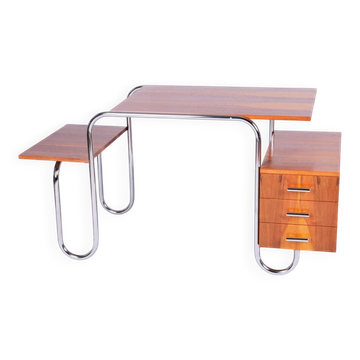 Czech Bauhaus Writing Desk in Walnut and Chrome attributed to Robert Slezak for Slezak Factories, 1940s
