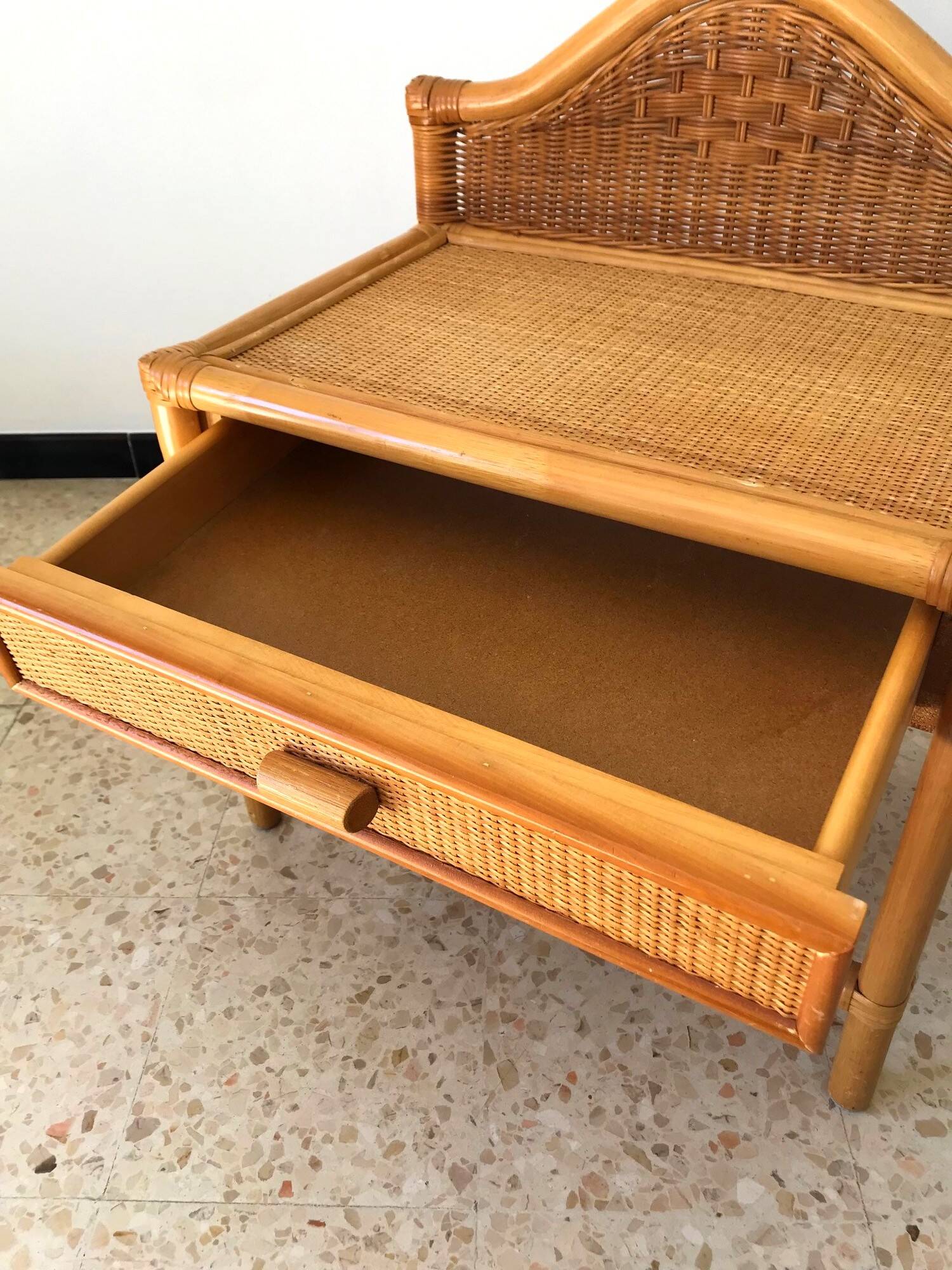 Vintage 80s rattan bedside table