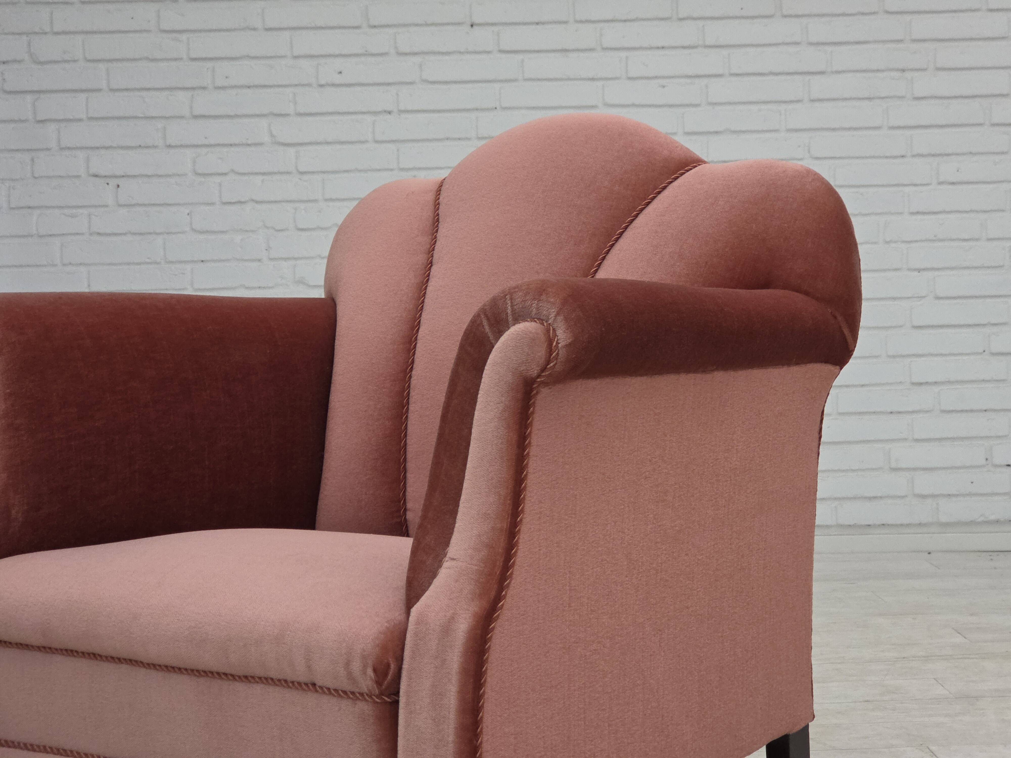 1950s, Danish armchair, salmon pink furniture velour, oak wood.