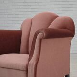 1950s, Danish armchair, salmon pink furniture velour, oak wood.
