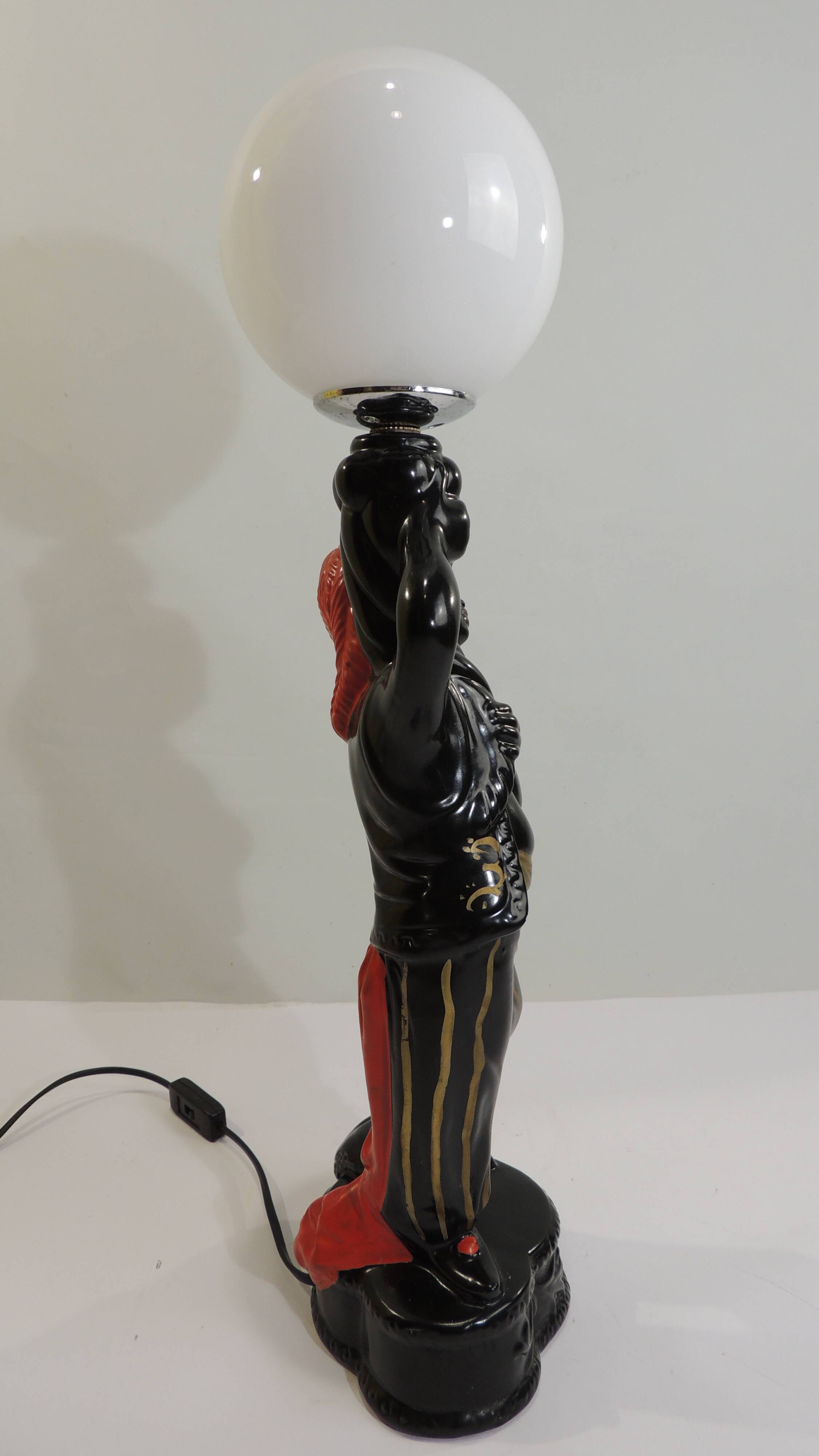 Vintage 1970s statue lamp – Black figurine in Art Deco style, opal ball.