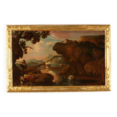 Old painting of a landscape with shepherds, oil on canvas, 17th century.