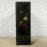 Cabinet vintage noir en laque chinoise avec fleurs et oiseaux / bohème