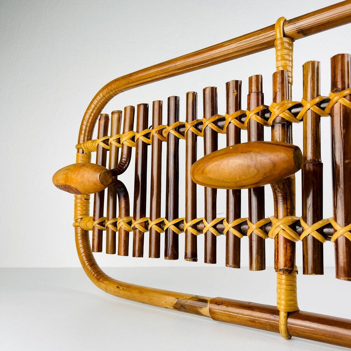 Bamboo and rattan coat rack in mid-century style attributed to Olaf Von Bohr, Italy, 1950s.