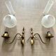 Pair of vintage wall sconces in brass and frosted engraved glass.