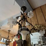 19th century brass and bronze chandelier, Napoleon III, illuminated by 6 tulips and a central globe