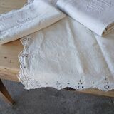 Ensemble ancien drap plat et 2 taies d'oreiller